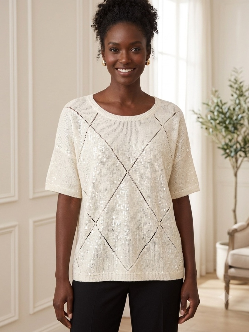 Donna Karan Sequin Diamond-Pattern Short-Sleeve Knit Top - Cream